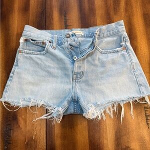 madewell Button Fly light wash distressed Denim Shorts With Frayed Hem Size 25